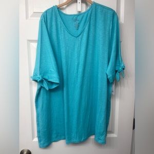 Croft & Barrow 3X Aqua Blue V-neck T-shirt with Ties on Sleeves